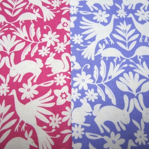 May include: A seamless fabric pattern featuring a white design of stylized birds, rabbits, and squirrels on a pink and blue background.