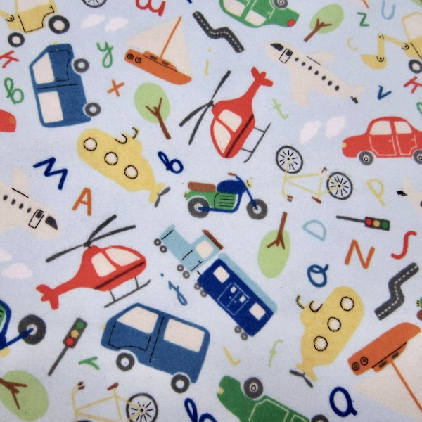 Riley Blake Cotton Flannel Fabric Called Planes Trains And Automobiles Pattern F14695 Includes Helicopters Motorcycles Trucks Bulldozers