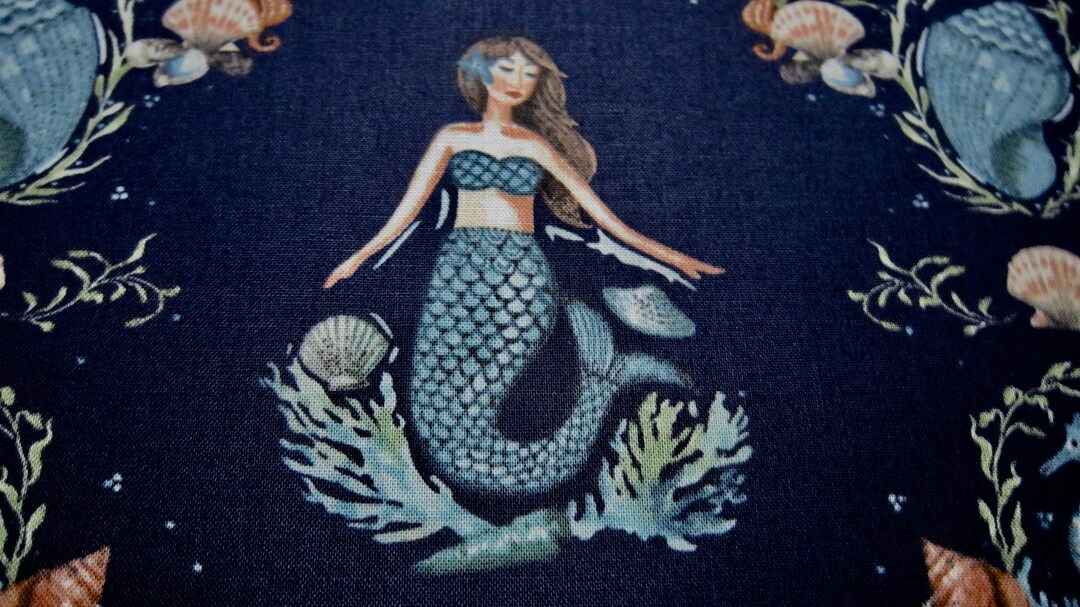 Navy Mermaid Cotton Fabric Called by the Seashore Designed by Etsy