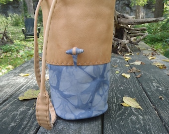 Handmade Leather Blue Tie Dyed Foldover Purse. Large Crossbody Pouch, Bag, Handbag, Hand Dyed Leather w Retro Style Rolled Button Closure