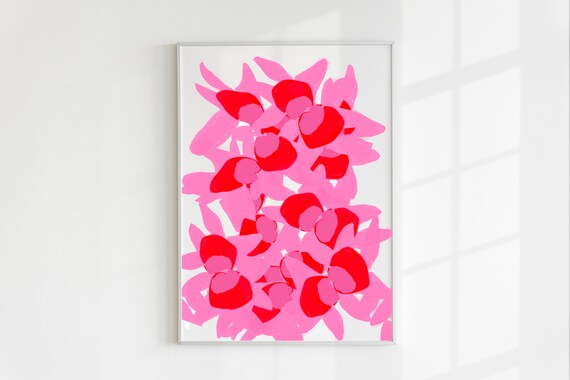 Pink flower art print, red floral art, abstract flowers, blooms, colorful wall art, fine art print, modern artwork, Amanda Flores art