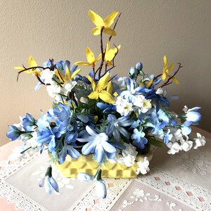 One of a Kind Vintage Pottery Planter Blue, Yellow, White Faux Floral Arrangement Artist Signed