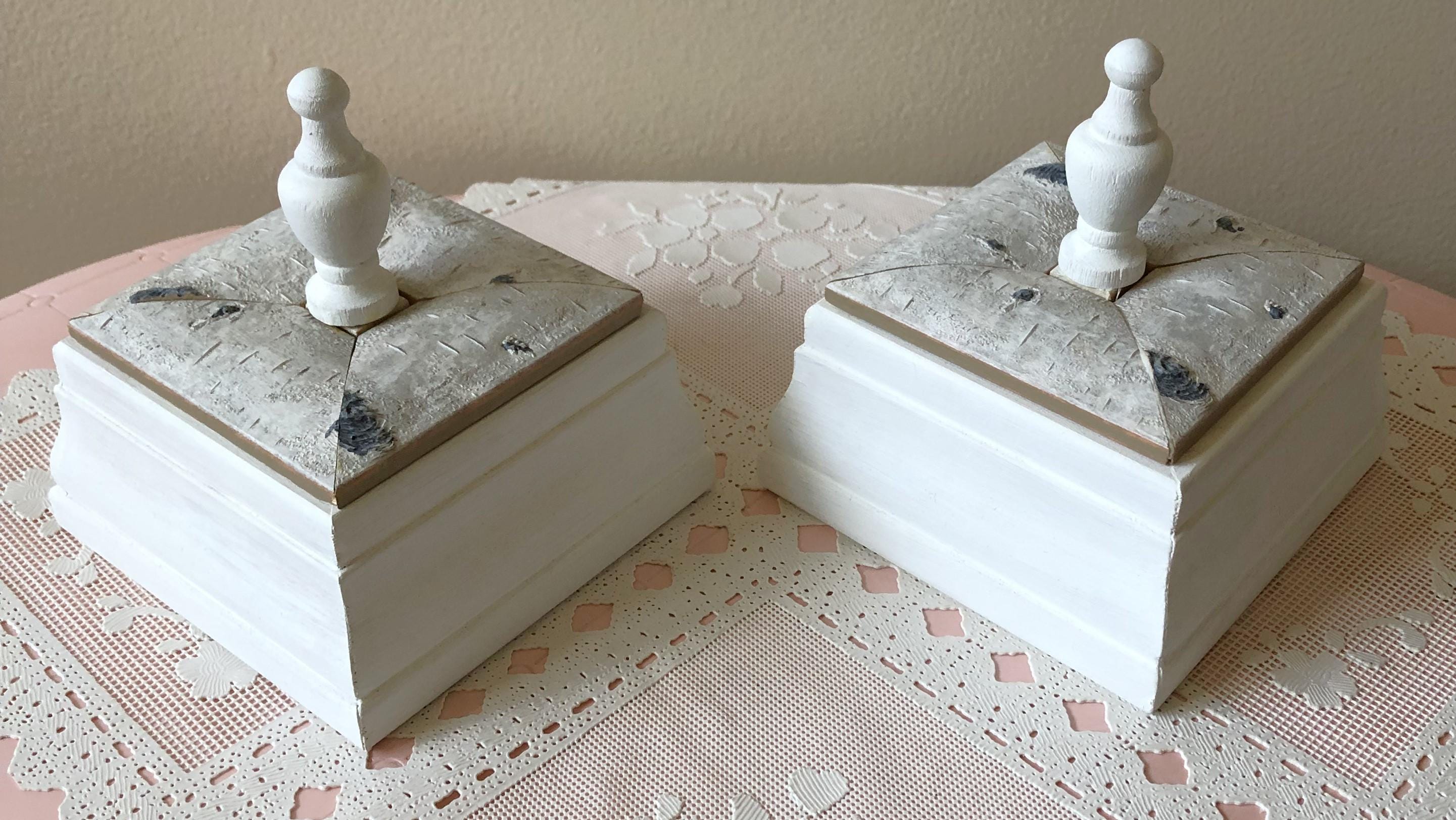 One of a Kind Pair Felt Lined White Birch Wood Boxes With Finial Topper ...