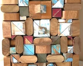 One of a Kind 3D Rustic Barnwood & Exotic Wood Mosaic Wall Art Artist Signed