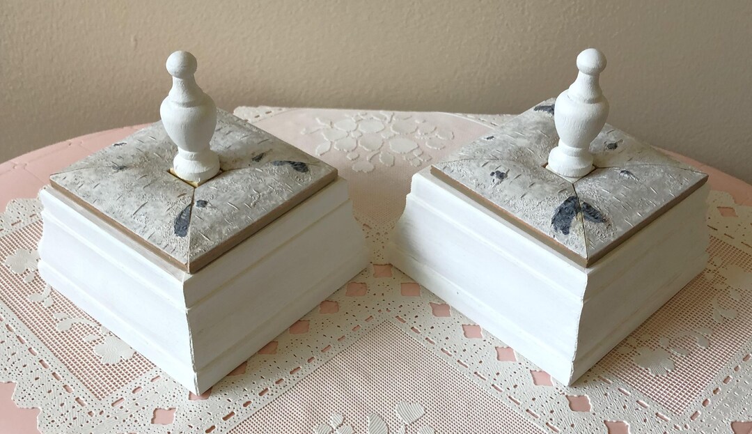 One of a Kind Pair Felt Lined White Birch Wood Boxes With Finial Topper ...