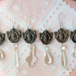 One of a Kind Set of 6 Vintage Brass Hardware Drawer Pull & Crystal Ornaments