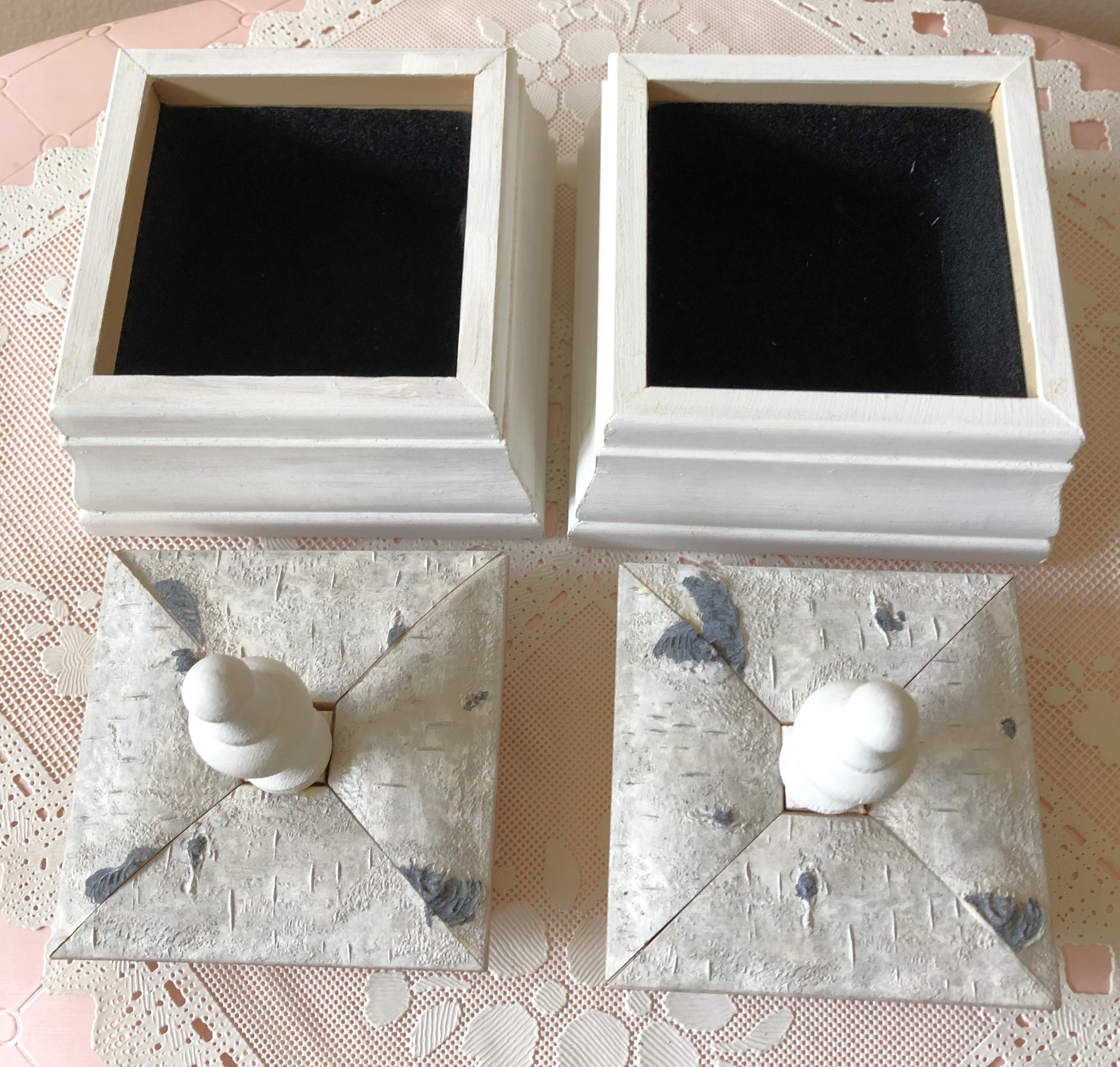 One of a Kind Pair Felt Lined White Birch Wood Boxes With Finial Topper ...