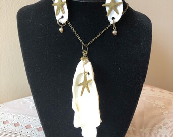 One of a Kind Oyster Shell, Starfish & Faux Pearl Charm Necklace and Earrings Set