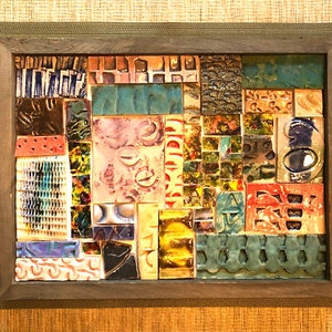 One of a Kind Wood Framed Ceramic Mosaic Wall Art Artist Signed