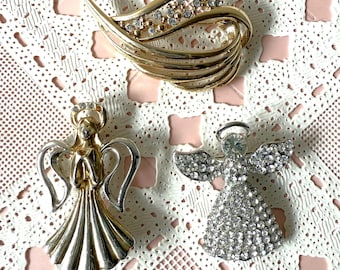2 Angel, 1 Angel Wing Vintage Spiritual Brooch Pins