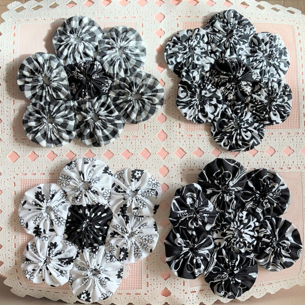 One of a Kind Set Eight Black & White Fabric Yo Yo Doily Coasters