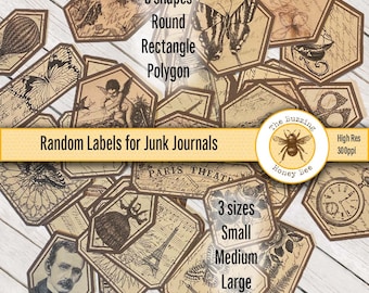 May include: A collection of vintage-style labels for junk journals. The labels are in various shapes, including round, rectangular, and polygonal. They feature images of butterflies, a clock, a bee, and other designs. The labels are printed on a brown paper background with a distressed look. The text on the labels includes "3 shapes", "Round", "Rectangle", "Polygon", "Random Labels for Junk Journals", "3 sizes", "Small", "Medium", "Large", "The Buzzing Honey Bee", and "High Res 300ppi".