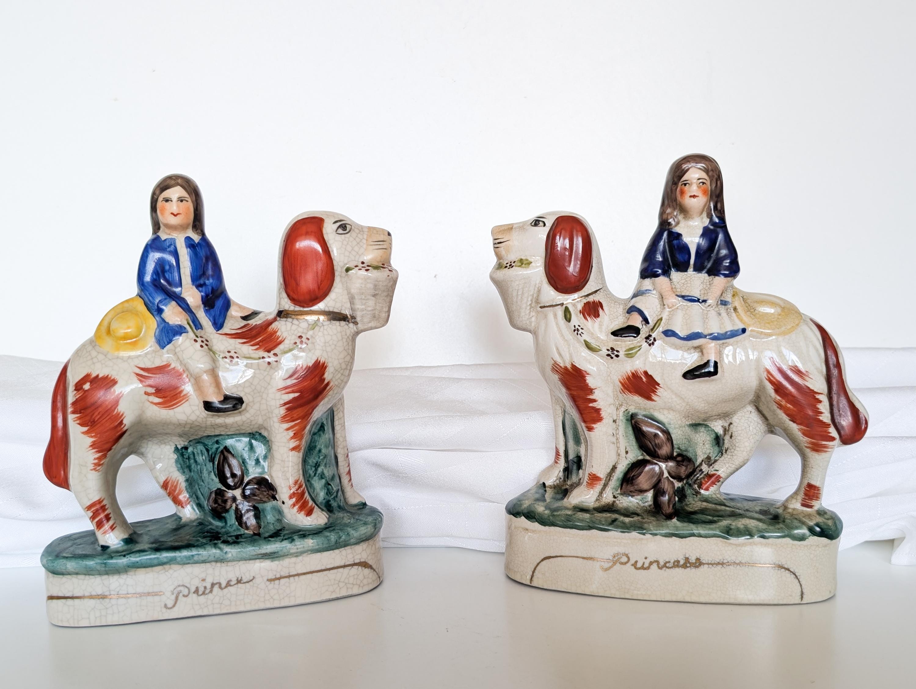 Wonderful Rare Antique Pair of English Staffordshire Prince and Princess Giant Spaniel Dogs • Charming Decorative Statement vintage Pieces