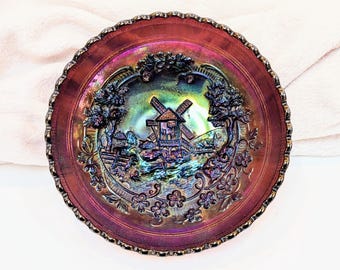 Bol antiguo de cristal de carnaval amatista Imperial Windmill de color raro - diseño circa 1915