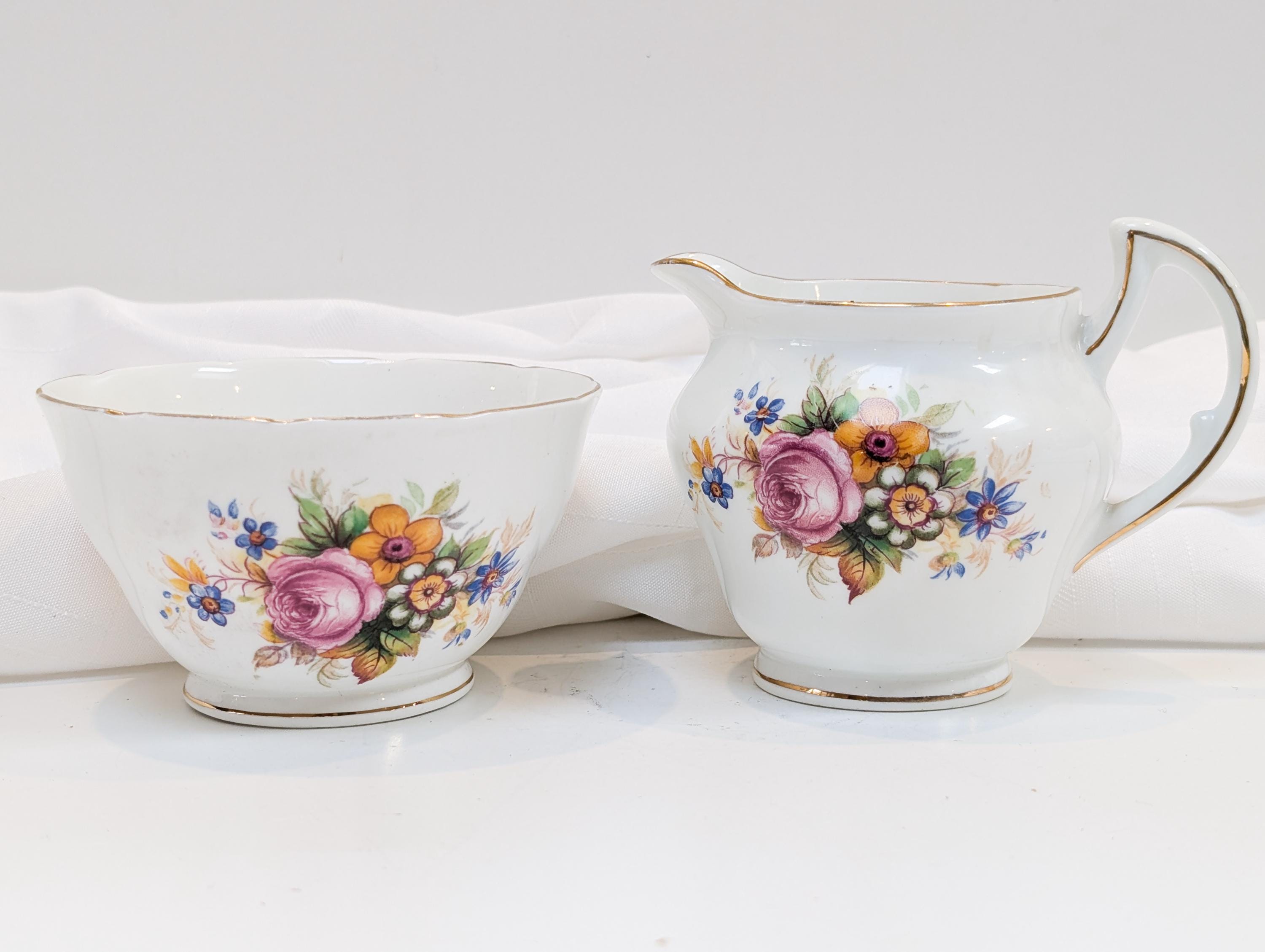 1950s vintage Royal Stuart 'Spencer Stevenson' fine bone china floral and gilt milk jug/creamer & sugar bowl. Made in England. Perfect gift.