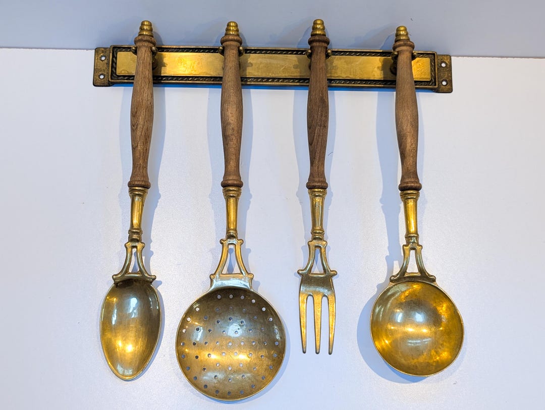 Antique Utensil Rack Set 4 Vintage French Brass Kitchen Utensils on Solid Brass Wall Rack ...