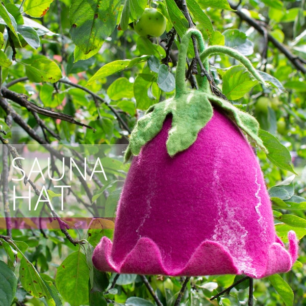 Felted wool handcrafted Sauna Hat Bellflower , Hat Flower