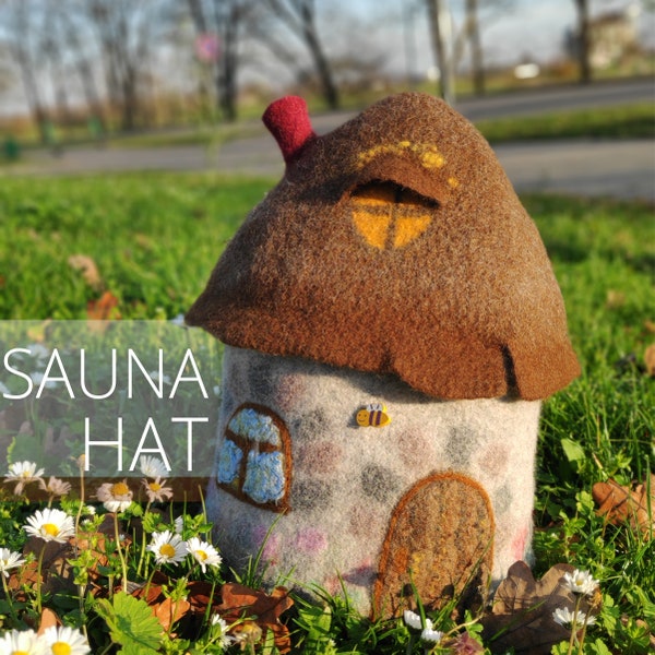 Felted Wool Handcrafted Sauna Hat, hat House, Gnome house