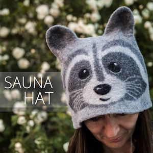 Handcrafted Felted Wool Sauna Hat: Raccoon Design