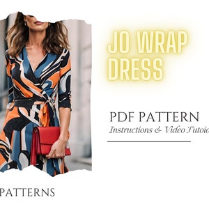 Op de afbeelding: Een PDF-patroon voor een Jo Wrap Dress met instructies en een video tutorial. De afbeelding toont een vrouw die een kleurrijke wikkeljurk draagt met een rode clutch.