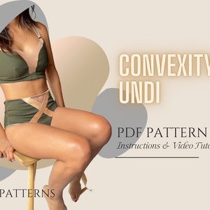 Puede incluir: Un patrón PDF para un conjunto de ropa interior verde y beige con el texto "CONVEXITY UNDI PDF PATTERN Instructions & Video Tutorial".