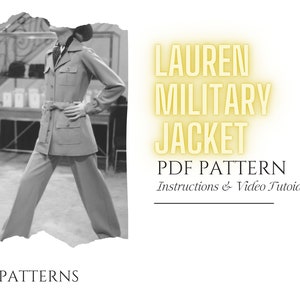 Może przedstawiać: Czarno-białe zdjęcie kobiety w beżowej kurtce wojskowej z paskiem. Tekst "LAUREN MILITARY JACKET PDF PATTERN Instructions & Video Tutorial" jest żółty na białym tle.