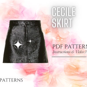 Op de afbeelding: Een zwarte leren rok met een wit sterrenontwerp. De rok is een PDF-patroon met instructies en een videozelfstudie. De tekst "CECILE SKIRT" en "PDF PATTERN" is zichtbaar in de afbeelding.