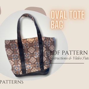Puede incluir: Un patrón PDF para una bolsa tote ovalada con estampado geométrico. El patrón incluye instrucciones y un tutorial en video.