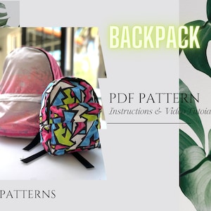 Könnte beinhalten: Zwei bunte Rucksäcke, einer pink mit weißen Spritzflecken und einer mit einem geometrischen Muster in Blau, Grün, Gelb und Pink. Das Bild enthält den Text "BACKPACK PDF PATTERN Instructions & Video Tutorial".