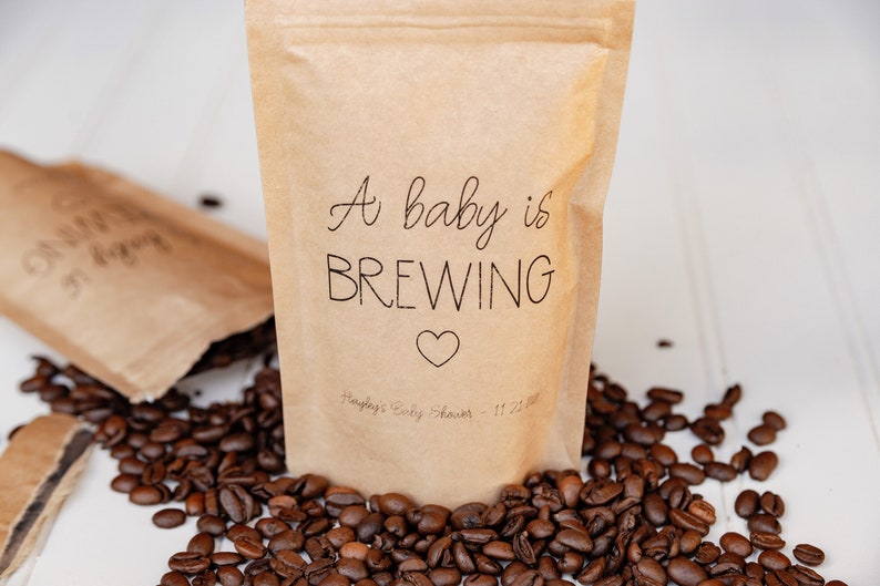 A Baby Is Brewing Baby Shower Favor Bag Tea Favor, Coffee Favor Bag, Resealable Coffee Pouch, Personalized Favor Bag image 1