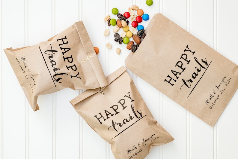 Happy Trails Personalized Wedding Favor Bags Trail Mix Bar, Rehearsal Dinner, Engagement Party image 1