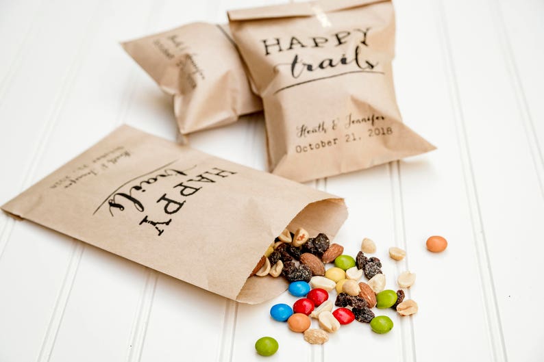 Happy Trails Personalized Wedding Favor Bags Trail Mix Bar, Rehearsal Dinner, Engagement Party image 2