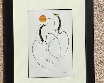May include: Framed black and white line art print of three stylised birds with a yellow sun in the background. The print is signed "Jim Boyle".