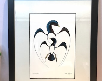 May include: A black framed print of a stylised black and blue bird with its wings spread. The print is on a white background and has the text "Generations" and "Noreen  Rynard" at the bottom.