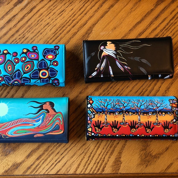 Full size wallet, Maxine Noel eagles gift, Mother Earth Norval Morrisseau Floral on Yellow Wallet, remember by John Rombough, native wallet