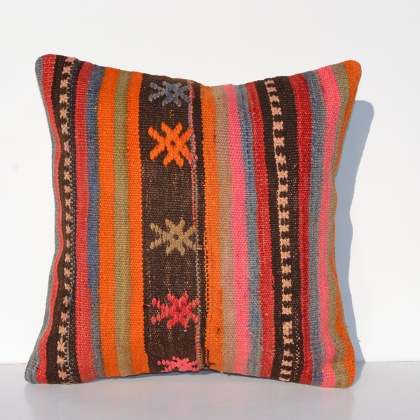 16x16 Hand woven pillow case floor decorative pillow striped throw pillow handwoven kilim pillow cover turkish cushion cover pastel red old