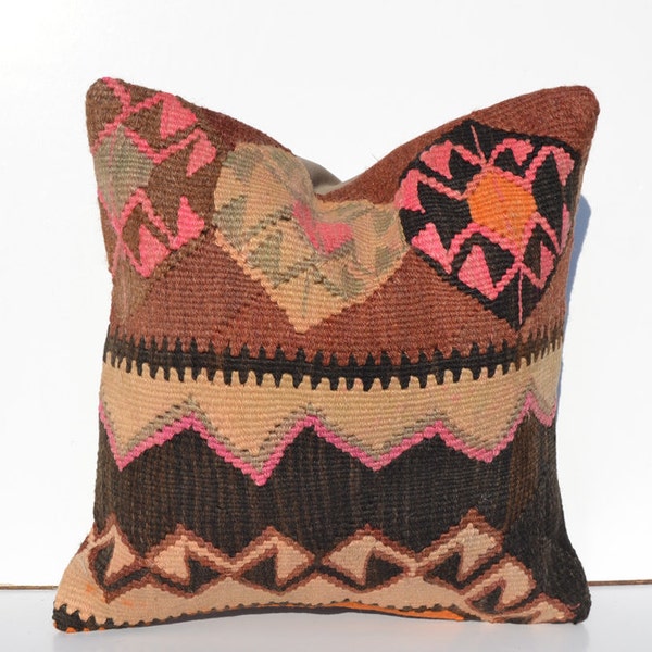 18x18' Ethnic Kilim Pillow cover with Stripes, Rustic Garden Throw Cushion, Autumn decor 45x45cm Turkish Sham, Modern Bohemian Home Decor