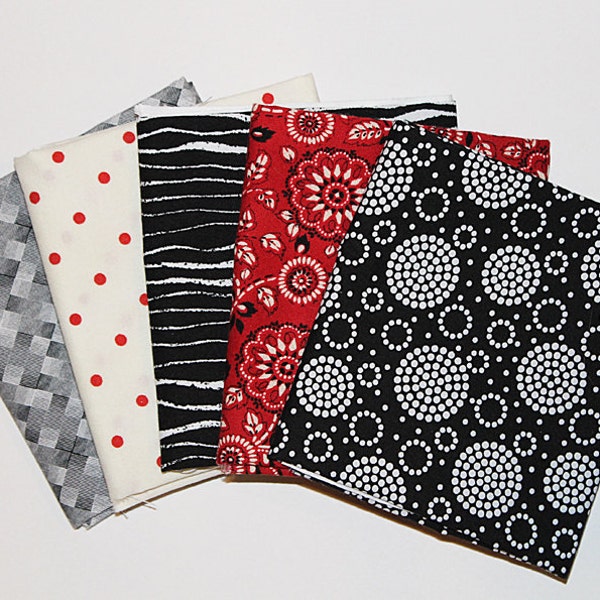 Cotton Fat Quarter Bundle, Classic Red & Black Assortment, Fabric Destash, 5 Pc Bundle