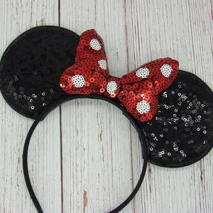 Large Black Mouse Ears with Puffy Polka Dot Bow || Puffy Mouse Ears || Large Black Sequin Mouse Ears on Headband