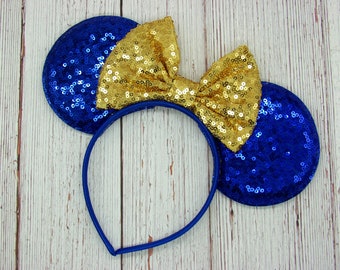 Large Royal Blue Mouse Ears with Sequin Bow || Personalized Bow Color || Large Royal Blue Sequin Ears on Headband || Colorful Ears