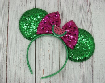Large Watermelon Mouse Ears || Summer Themed Mouse Ears || Large Green Sequin Mouse Ears on Headband || Park sized ears