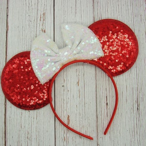 Large Red Sequin Mouse Ears with Sequin Bow || Customize Bow Color || Red Ears on Headband || Colorful Minnie Ears || Customized mouse ear