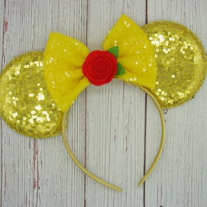 Large Gold Belle Mouse Ears with Red Rose || Beauty and Beast ears || 4&quot; Large Ears on Headband || Park Sized Mouse Ears || Colorful Ears