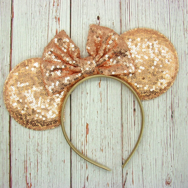 Large Rose Gold Mouse Ears with Bow || Personalized Bow Color || 4" Large Rose Gold Ears on Headband || Park sized Ears