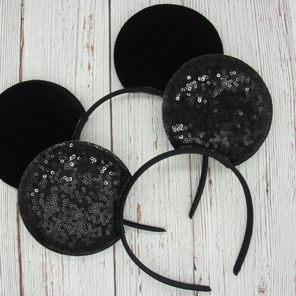 Large 4" Black Sequin or Velvet Mouse Ears no bow || Disney Mickey Mouse Ears || Park Sized Ears