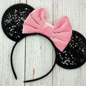Large 4&quot; Black Sequin Mouse Ears with Velvet Bow || Disney Minnie Mouse Ears || 4&quot; Mouse Ears || Park Sized Ears