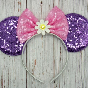 Large Daisy Duck Lavender Mouse Ears with Sequin Bow on headband || Daisy Duck ears || 4&quot; Large Ears on Headband || Park sized Ears