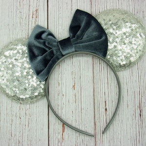 Large Silver Sequin Mouse Ears with Velvet Bow || Disney Minnie Mouse Ears || 4&quot; Mouse Ears || Park Sized Ears