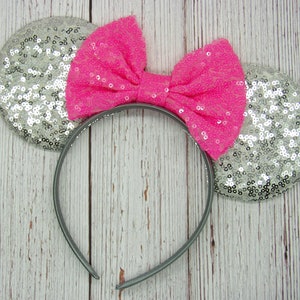 Large Silver Mouse Ears with Sequin Bow || Personalized Bow Color || Sequin Silver Ears on Headband || Park sized ears