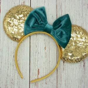 Large 4&quot; Pale Gold Sequin Mouse Ears with Velvet Bow || Disney Minnie Mouse Ears || 4&quot; Large Mouse Ears || Park Sized